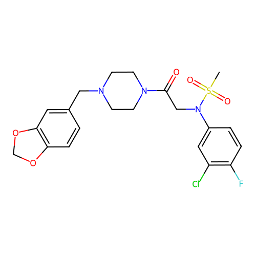 N-[2-[4-(1,3-benzodioxol-5-ylmethyl)piperazin-1-yl]-2-oxoethyl]-N-(3-chloro-4-fluorophenyl)methanesulfonamide structure