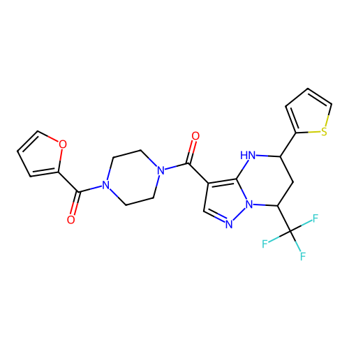 (4-(furan-2-carbonyl)piperazin-1-yl)(5-(thiophen-2-yl)-7-(trifluoromethyl)-4,5,6,7-tetrahydropyrazolo[1,5-a]pyrimidin-3-yl)methanone structure