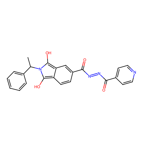 1,3-dioxo-2-(1-phenylethyl)-N'-(pyridine-4-carbonyl)isoindole-5-carbohydrazide structure
