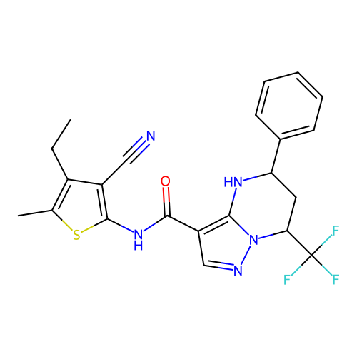 N-(3-cyano-4-ethyl-5-methylthiophen-2-yl)-5-phenyl-7-(trifluoromethyl)-4,5,6,7-tetrahydropyrazolo[1,5-a]pyrimidine-3-carboxamide structure