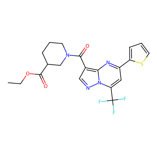 ethyl 1-{[5-(thiophen-2-yl)-7-(trifluoromethyl)pyrazolo[1,5-a]pyrimidin-3-yl]carbonyl}piperidine-3-carboxylate structure