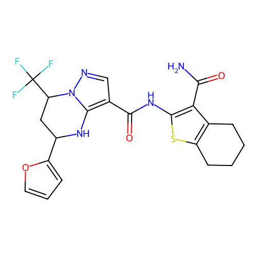 N-(3-carbamoyl-4,5,6,7-tetrahydro-1-benzothiophen-2-yl)-5-(furan-2-yl)-7-(trifluoromethyl)-4,5,6,7-tetrahydropyrazolo[1,5-a]pyrimidine-3-carboxamide structure