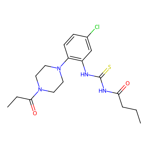 N-[[5-chloro-2-(4-propanoylpiperazin-1-yl)phenyl]carbamothioyl]butanamide structure