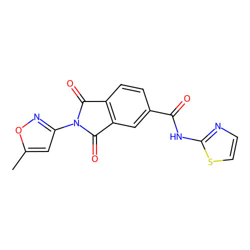 2-(5-methyl-1,2-oxazol-3-yl)-1,3-dioxo-N-(1,3-thiazol-2-yl)isoindole-5-carboxamide structure