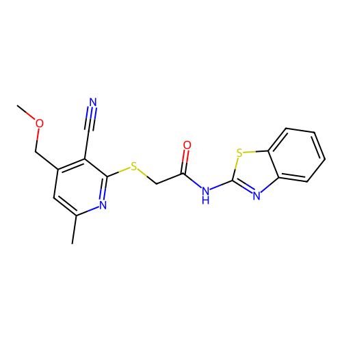 N-(1,3-benzothiazol-2-yl)-2-[3-cyano-4-(methoxymethyl)-6-methylpyridin-2-yl]sulfanylacetamide structure