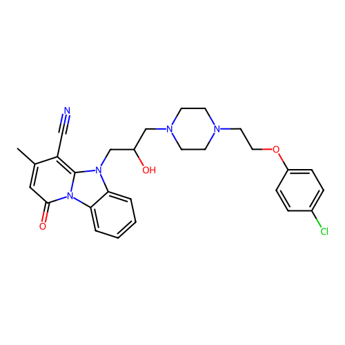 5-(3-{4-[2-(4-chlorophenoxy)ethyl]piperazin-1-yl}-2-hydroxypropyl)-3-methyl-1-oxo-1,5-dihydropyrido[1,2-a]benzimidazole-4-carbonitrile structure