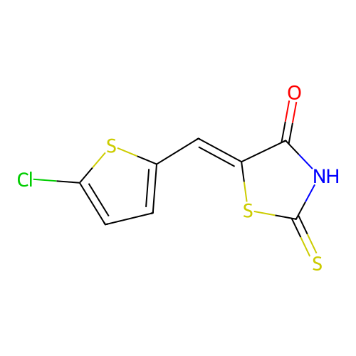(5E)-5-[(5-chloro-2-thienyl)methylene]-2-mercapto-1,3-thiazol-4(5H)-one structure