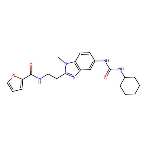 N-[2-[5-(cyclohexylcarbamoylamino)-1-methylbenzimidazol-2-yl]ethyl]furan-2-carboxamide structure