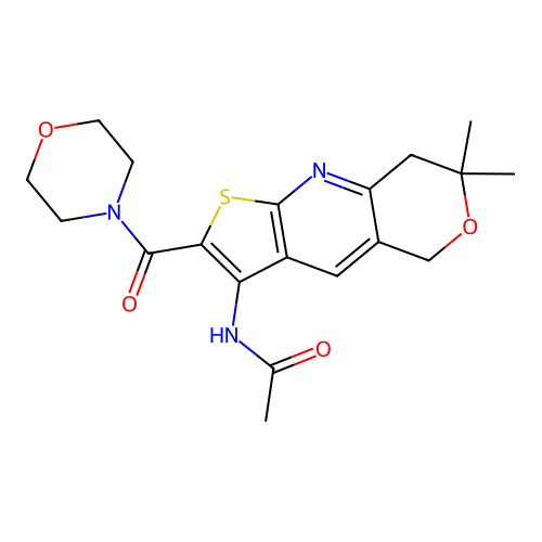 N-(7,7-dimethyl-2-(morpholine-4-carbonyl)-7,8-dihydro-5H-pyrano[4,3-b]thieno[3,2-e]pyridin-3-yl)acetamide structure