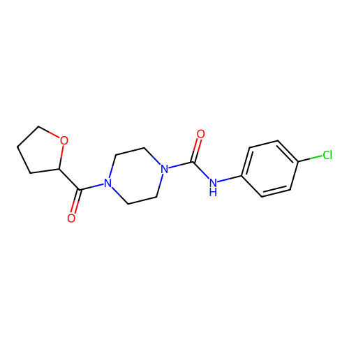 N-(4-chlorophenyl)-4-(tetrahydrofuran-2-ylcarbonyl)piperazine-1-carboxamide structure