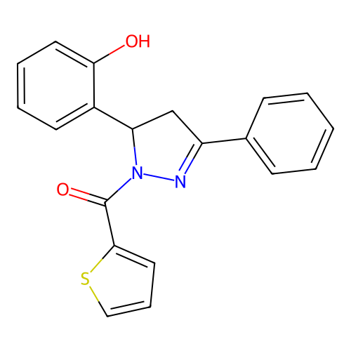 2-[3-phenyl-1-(thiophene-2-carbonyl)-4,5-dihydro-1H-pyrazol-5-yl]phenol structure