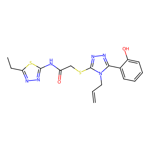 2-((4-allyl-5-(2-hydroxyphenyl)-4H-1,2,4-triazol-3-yl)thio)-N-(5-ethyl-1,3,4-thiadiazol-2-yl)acetamide structure