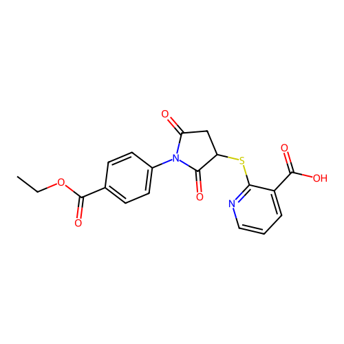 2-((1-(4-(Ethoxycarbonyl)phenyl)-2,5-dioxopyrrolidin-3-yl)thio)nicotinic acid structure