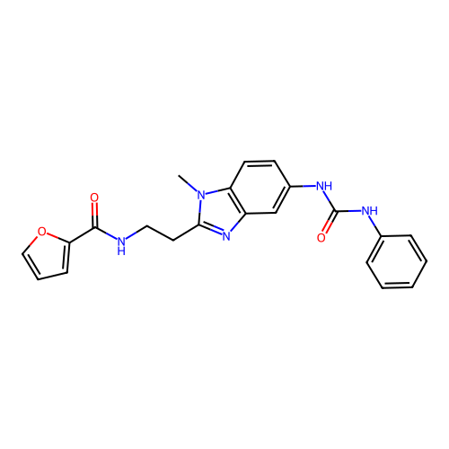 N-(2-{5-[(anilinocarbonyl)amino]-1-methyl-1H-benzimidazol-2-yl}ethyl)-2-furamide structure