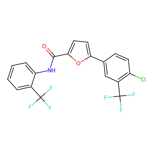 5-[4-chloro-3-(trifluoromethyl)phenyl]-N-[2-(trifluoromethyl)phenyl]furan-2-carboxamide structure