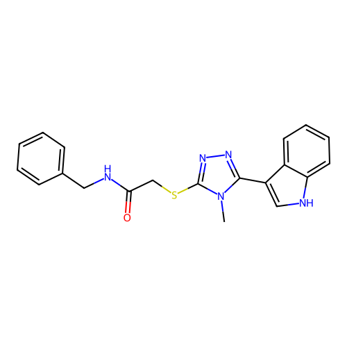 2-((5-(1H-indol-3-yl)-4-methyl-4H-1,2,4-triazol-3-yl)thio)-N-benzylacetamide structure