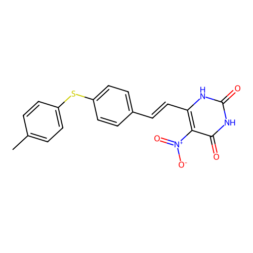 (E)-5-nitro-6-(4-(p-tolylthio)styryl)pyrimidine-2,4(1H,3H)-dione structure