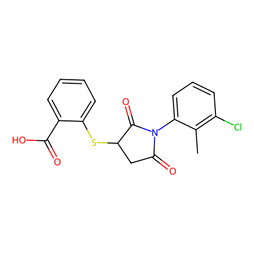 2-{[1-(3-Chloro-2-methylphenyl)-2,5-dioxopyrrolidin-3-yl]sulfanyl}benzoic acid structure