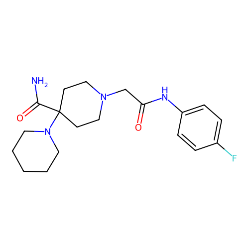 1-{[N-(4-fluorophenyl)carbamoyl]methyl}-4-piperidylpiperidine-4-carboxamide structure