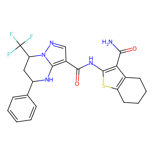 N-(3-carbamoyl-4,5,6,7-tetrahydro-1-benzothiophen-2-yl)-5-phenyl-7-(trifluoromethyl)-4,5,6,7-tetrahydropyrazolo[1,5-a]pyrimidine-3-carboxamide structure