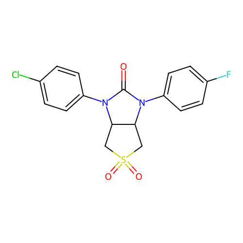 1-(4-chlorophenyl)-3-(4-fluorophenyl)tetrahydro-1H-thieno[3,4-d]imidazol-2(3H)-one 5,5-dioxide structure