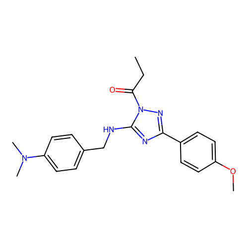 N-[4-(dimethylamino)benzyl]-3-(4-methoxyphenyl)-1-propionyl-1H-1,2,4-triazol-5-amine structure