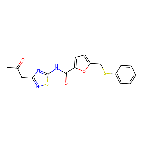 N-[3-(2-oxopropyl)-1,2,4-thiadiazol-5-yl]-5-[(phenylsulfanyl)methyl]furan-2-carboxamide structure