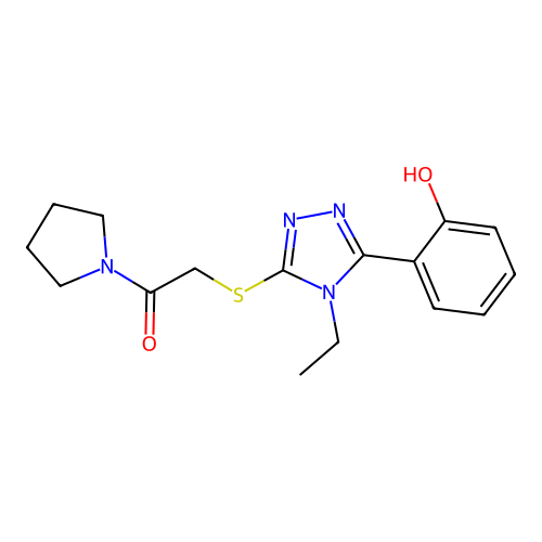 2-((4-ethyl-5-(2-hydroxyphenyl)-4H-1,2,4-triazol-3-yl)thio)-1-(pyrrolidin-1-yl)ethanone structure