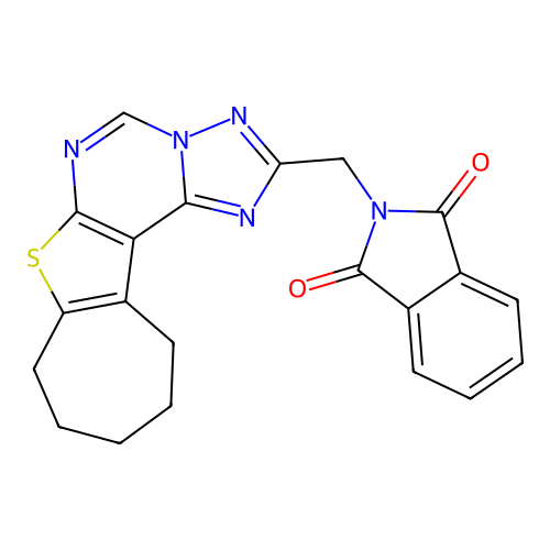 2-((9,10,11,12-tetrahydro-8H-cyclohepta[4,5]thieno[3,2-e][1,2,4]triazolo[1,5-c]pyrimidin-2-yl)methyl)isoindoline-1,3-dione structure