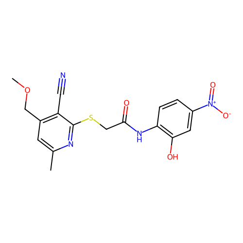2-[3-cyano-4-(methoxymethyl)-6-methylpyridin-2-yl]sulfanyl-N-(2-hydroxy-4-nitrophenyl)acetamide structure
