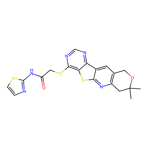 2-((8,8-dimethyl-8,10-dihydro-7H-pyrano[3'',4'':5',6']pyrido[3',2':4,5]thieno[3,2-d]pyrimidin-4-yl)thio)-N-(thiazol-2-yl)acetamide structure
