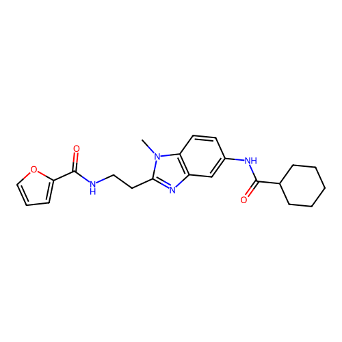 N-[2-[5-(cyclohexanecarbonylamino)-1-methylbenzimidazol-2-yl]ethyl]furan-2-carboxamide structure