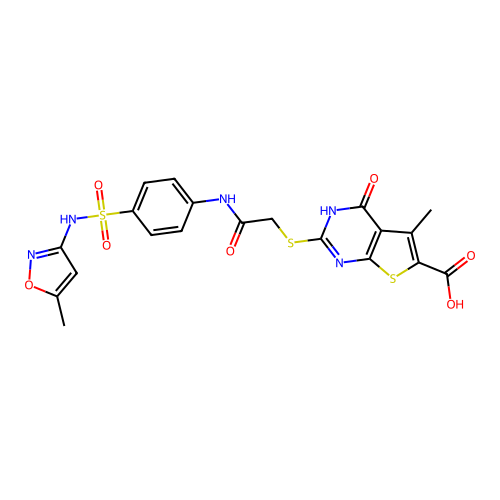 5-methyl-2-({2-[(4-{[(5-methyl-3-isoxazolyl)amino]sulfonyl}phenyl)amino]-2-oxoethyl}thio)-4-oxo-3,4-dihydrothieno[2,3-d]pyrimidine-6-carboxylic acid structure