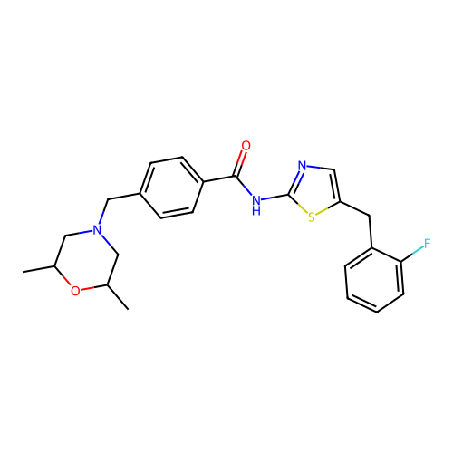 4-[(2,6-dimethylmorpholin-4-yl)methyl]-N-[5-[(2-fluorophenyl)methyl]-1,3-thiazol-2-yl]benzamide structure