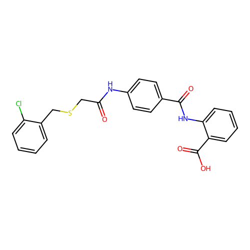 2-({[4-({[(2-chlorobenzyl)sulfanyl]acetyl}amino)phenyl]carbonyl}amino)benzoic acid structure
