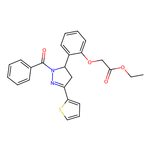Ethyl 2-[2-(2-benzoyl-5-thiophen-2-yl-3,4-dihydropyrazol-3-yl)phenoxy]acetate structure
