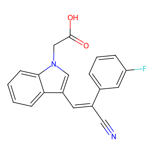 {3-[(E)-2-cyano-2-(3-fluorophenyl)ethenyl]-1H-indol-1-yl}acetic acid structure