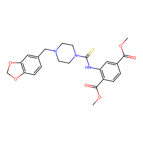 dimethyl 2-({[4-(1,3-benzodioxol-5-ylmethyl)piperazin-1-yl]carbonothioyl}amino)benzene-1,4-dicarboxylate structure