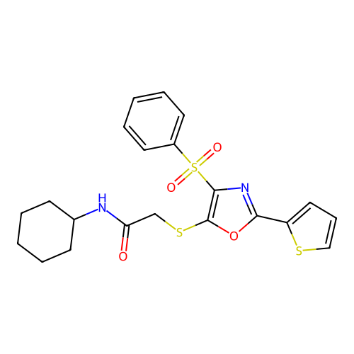 N-cyclohexyl-2-{[4-(phenylsulfonyl)-2-(2-thienyl)-1,3-oxazol-5-yl]thio}acetamide structure