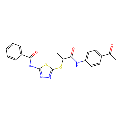 N-[5-({1-[(4-acetylphenyl)amino]-1-oxopropan-2-yl}sulfanyl)-1,3,4-thiadiazol-2-yl]benzamide structure