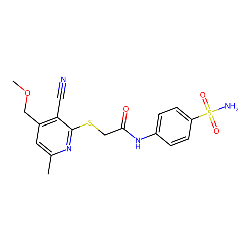 2-[3-cyano-4-(methoxymethyl)-6-methylpyridin-2-yl]sulfanyl-N-(4-sulfamoylphenyl)acetamide structure