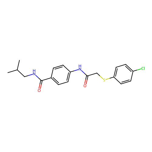 4-[[2-(4-chlorophenyl)sulfanylacetyl]amino]-N-(2-methylpropyl)benzamide structure