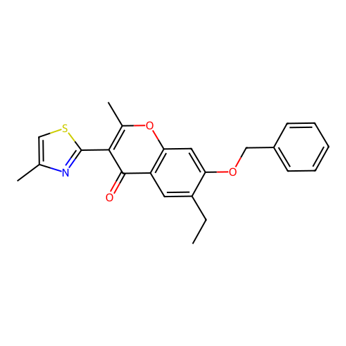 7-(benzyloxy)-6-ethyl-2-methyl-3-(4-methyl-1,3-thiazol-2-yl)-4H-chromen-4-one structure