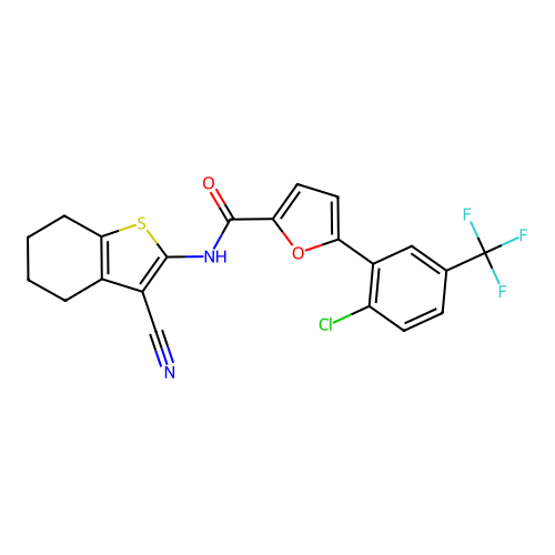 5-[2-chloro-5-(trifluoromethyl)phenyl]-N-(3-cyano-4,5,6,7-tetrahydro-1-benzothiophen-2-yl)furan-2-carboxamide structure