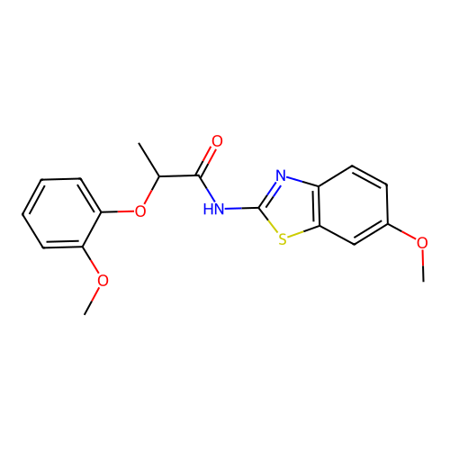 N-(6-methoxy-1,3-benzothiazol-2-yl)-2-(2-methoxyphenoxy)propanamide structure