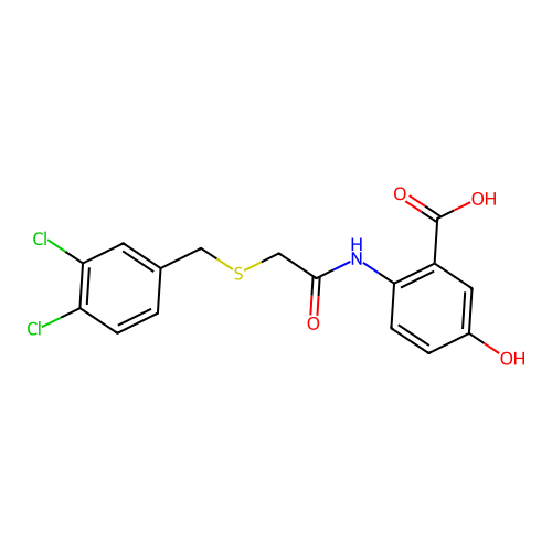 2-({[(3,4-Dichlorobenzyl)sulfanyl]acetyl}amino)-5-hydroxybenzoic acid structure