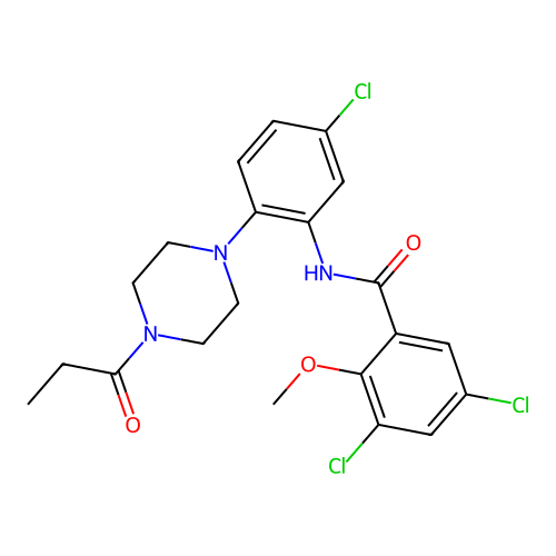 3,5-dichloro-N-[5-chloro-2-(4-propanoylpiperazin-1-yl)phenyl]-2-methoxybenzamide structure