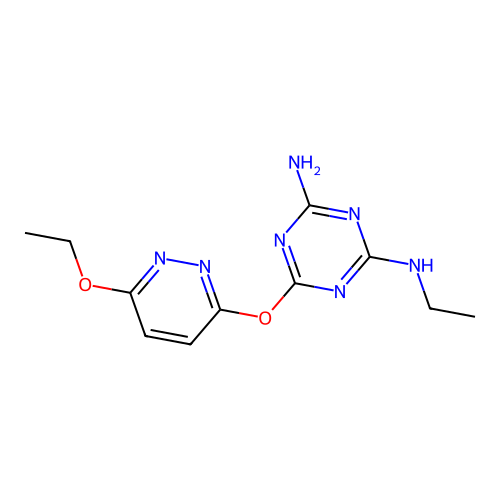 6-[(6-ethoxy-3-pyridazinyl)oxy]-N-ethyl-1,3,5-triazine-2,4-diamine structure