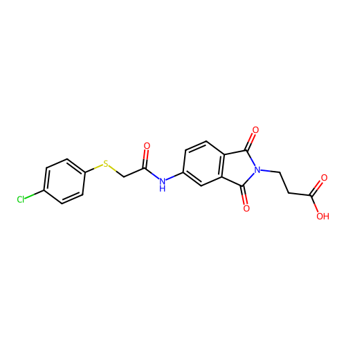 3-(5-(2-((4-chlorophenyl)thio)acetamido)-1,3-dioxoisoindolin-2-yl)propanoic acid structure