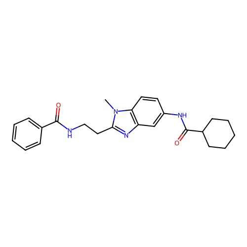 N-[2-[5-(cyclohexanecarbonylamino)-1-methylbenzimidazol-2-yl]ethyl]benzamide structure